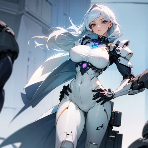 Girl with big breasts, big glutes, white cyborg armor wearing white gloves, beautiful body, white hair, white eyelashes, standing in front of the image with focus on her breasts