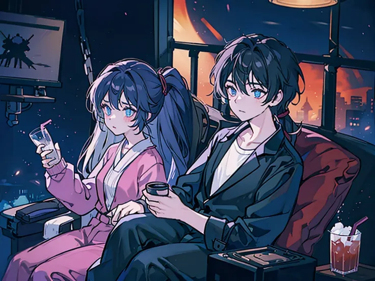 An anime character in nightwear, black sweatpants, sitting on the left in a comfortable chair, talking to a robot that holds a drink, in a dark room with a gamer setup in the background.