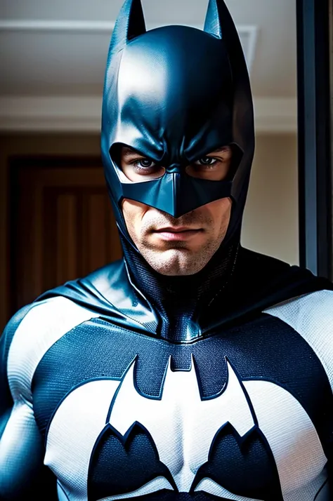 Batman wearing his traditional bat suit but with Spidermans chest symbol and web pattern in white 