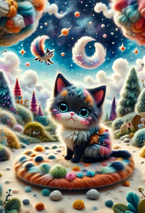 needle felt art: 1.5, wool felt art: 1.5, kitten masterpiece, fairyland, floating kitten, fluffy clouds, furry cat, innocent and...