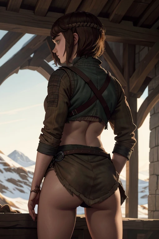 8k, Maisie Williams face, pale skin, toned abs, small breast, round ass, her round ass visible, brown hair, Maisie Williams as Arya Stark, torn ragged peasant clothes, standing stance, winterfell in background, back View, sharp focus on her ass 