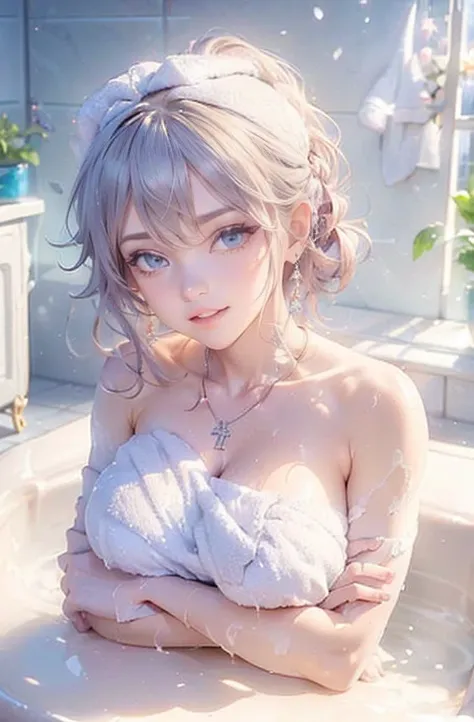 (((Shoulder Deep Soaking in Your Home Unit Bath:1.7))),(((flannel:1,7))),(((Hide your chest with a towel:1.7))),(((night lighting:1.3))),chest slip,blush cheeks、smile shyly,BBW,(beautiful girl)、(Short hair in bright silver and orange inner colors,Floral ha...