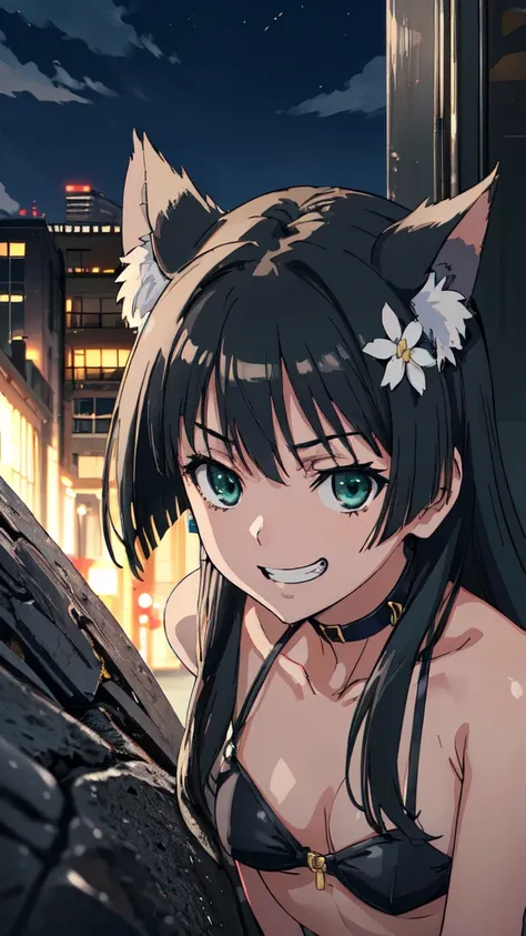  (High resolution:1.4), (masutepiece:1.2), (High quality:1.3) 1girl, saten ruiko, green eyes, long hair, black hair, small breast, dangerousbeast, wolf tail,  cinematic lighting,  pov, grin