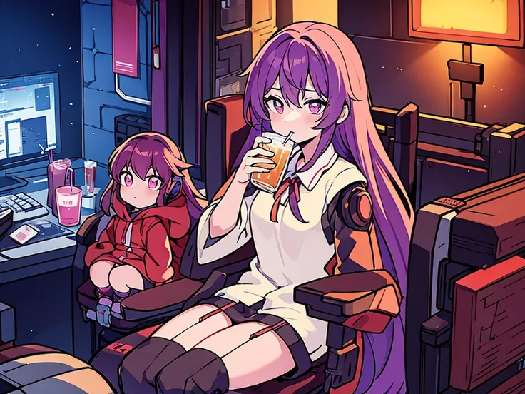 An anime character in nightwear, sitting on the left in a comfortable chair, Talking to a robot, are holding drinks, in a dark room with a gamer setup in the background.