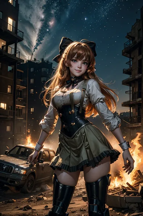 cowboy shot, dynamic pose, smile,  underbust, Penny Polendina, long hair, neck ribbon, suspender skirt, corset, black bow, white blouse, mechanical legs, neon trim, standing in city ruins on hill, overlooking valley, BREAK night, stars, moon, snow, BREAK m...