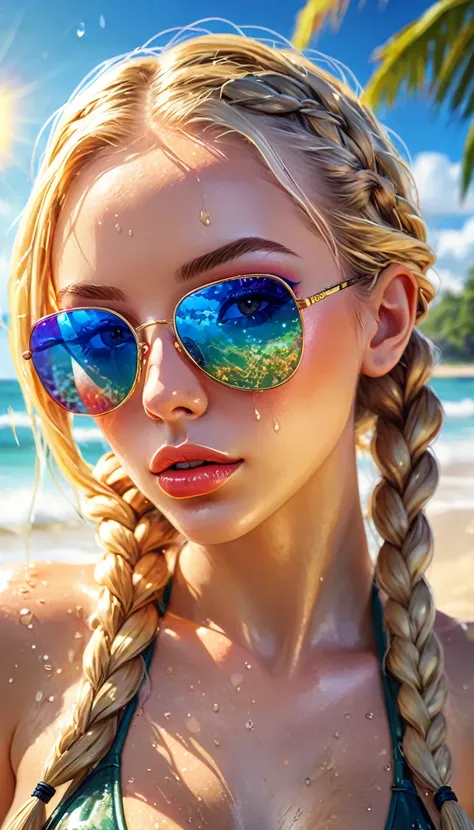 a sexy girl with long blonde hair in two braids, wearing sunglasses, on a tropical beach with the sun, her body wet and sweaty, wearing a tight small bikini, (best quality,4k,8k,highres,masterpiece:1.2),ultra-detailed,(realistic,photorealistic,photo-realis...