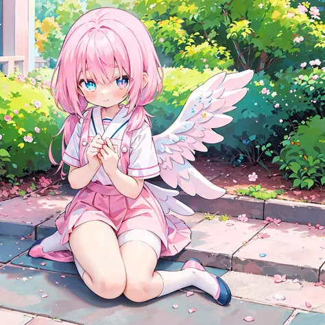 Anime Girls with pink hair and angel wings sitting on the ground, cute Anime Girls, Angel Girl, Pixiv, Pixiv style, (Anime Girls), Pink pigtails and cyan eyes, Cute Anime, of an beautiful Angel Girl, pretty Anime Girls, digital art on Pixiv, Cute girl anim...