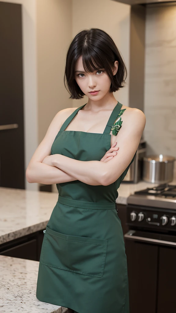 （Highest quality、8K、masterpiece：1.3）、Beautiful woman with perfect figure：1.2、Black Hair、Green Eyes、Bob Hair、wearing a pendant、Wearing a short apron、Short apron(Too much exposed skin)、In the kitchen、Arms crossed、😠✨、Highly detailed face and skin、Fine particl...