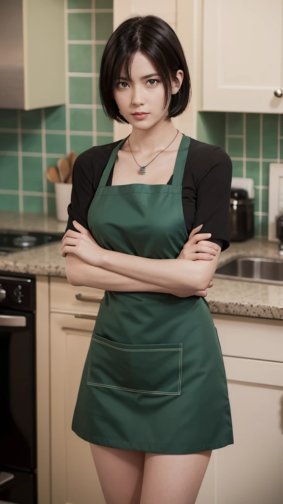 （Highest quality、8K、masterpiece：1.3）、Beautiful woman with perfect figure：1.2、Black Hair、Green Eyes、Bob Hair、wearing a pendant、Wearing a short apron、Short apron(Too much exposed skin)、In the kitchen、Arms crossed、😠✨、Highly detailed face and skin、Fine particl...