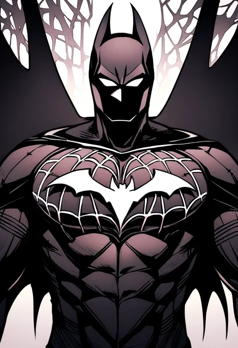 Batman wearing his traditional bat suit but with Spidermans chest symbol and web pattern in white