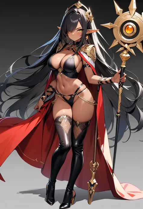 (masterpiece:1.2), (highest quality:1.2), 1girl, solo, pointy-ears, dark-skin, breasts, dark-skinned-female, staff, transparent-background, dark-elf, large-breasts, black-hair, cape, elf, earrings, full-body, jewelry, tattoo, thighhighs, hair-over-one-eye,...