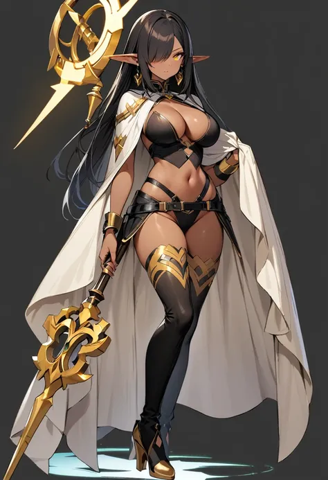 (masterpiece:1.2), (highest quality:1.2), 1girl, solo, pointy-ears, dark-skin, breasts, dark-skinned-female, staff, transparent-background, dark-elf, large-breasts, black-hair, cape, elf, earrings, full-body, jewelry, tattoo, thighhighs, hair-over-one-eye,...