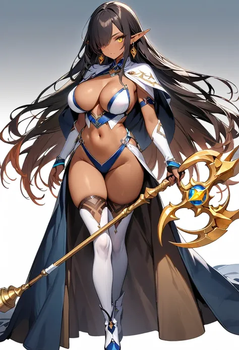 (masterpiece:1.2), (highest quality:1.2), 1girl, solo, pointy-ears, dark-skin, breasts, dark-skinned-female, staff, transparent-background, dark-elf, large-breasts, black-hair, cape, elf, earrings, full-body, jewelry, tattoo, thighhighs, hair-over-one-eye,...