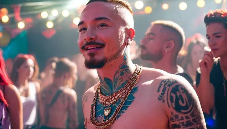 (1man), singer j balvin an eye contact, red hair, (buzz cut hair,) beard wearing a necklace, (detailed body tattoo: 1.4), (detailed music club: 1.4), ((cinematic light)), (detailed faces: 1.4), highres, RAW photo 8k uhd, dslr, (bloom:1.1), (club with peopl...