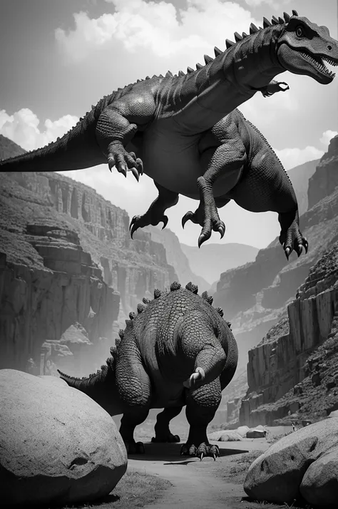 Make dinosaurs in black and white historical environment to color