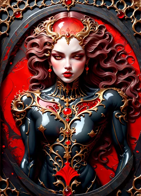  beautiful illustration of a very muscular vampire girl in an abstract marble texture with a tarot style frame, with colors of obsidian black, shiny gold, and ruby red, highly detailed, intricate design, BY Anne Bachelier,