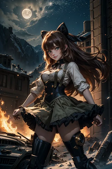 cowboy shot, (dynamic pose), smile,  underbust, Penny Polendina, long hair, neck ribbon, suspender skirt, corset, black bow, white blouse, mechanical legs, neon trim, standing with crowd in city ruins on hill, overlooking valley, BREAK night, stars, moon, ...