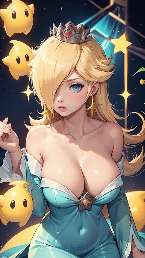 ((Princess Rosalina from super mario bros series))(she has big glowing blue eyes)(bright red lips) ((long blonde hair))(((long bangs hide one eye)))(dark eyeshadows make up)((very huge breasts)) (perfect slim body) ((wear aquamarine dress, gold crown)) (cr...