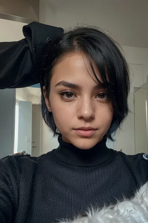 there is a woman with a shirt, short blue hair, isabela moner, short blue fur, short blue fur, with blue fur, color blue, short blue fured woman, pretty girl with blue fur, with short hair, blue furstyle, blue sweater, White skin, clear skin, blue toned ha...