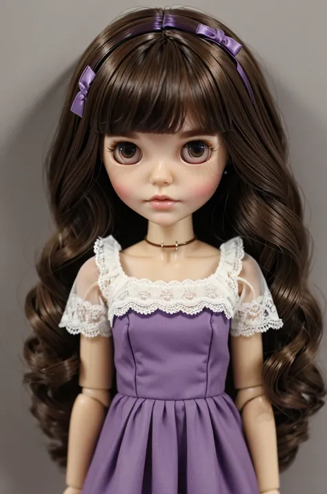 blythe doll white skin, short and brown hair , Dark brown eyes, purple dress