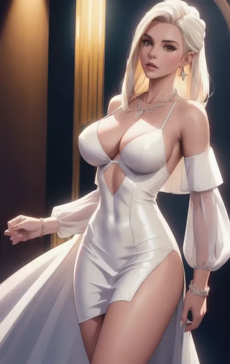 A slender beautiful woman in ballroom, she wears a tight off-the-shoulder white short dress that fits snugly to her body, ((large_breasts)), collarbone, long sleeves, (photorealistic:1.2) (best quality) (intricate details) (8K) (High Poly) (ray tracing) (c...