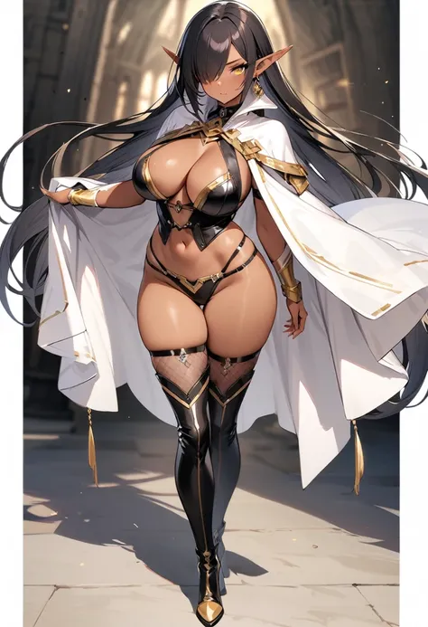 (masterpiece:1.2), (highest quality:1.2), 1girl, solo, pointy-ears, dark-skin, breasts, dark-skinned-female, transparent-background, dark-elf, large-breasts, black-hair, cape, elf, earrings, full-body, jewelry, tattoo, thighhighs, hair-over-one-eye, very-l...