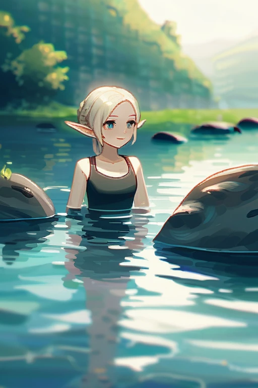 ((Лучшее качество)), ((шедевр)), (подробный), an elf in a swimsuit swims in the river