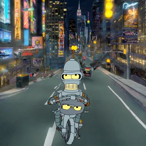 Bender riding on Motorcycle cross road in New York City at Midnight 