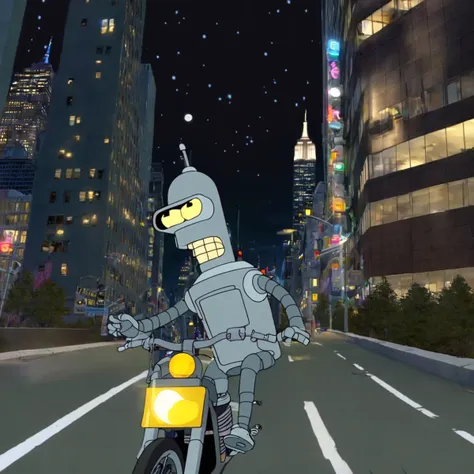 bender riding on motorcycle cross road in new york city at midnight