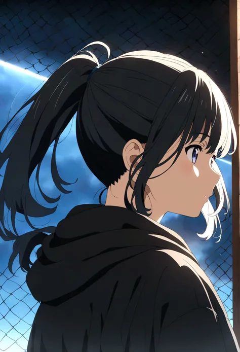 Black Hair、Blue Mesh、ponytail、Black hoodie、Girl、Anime Style