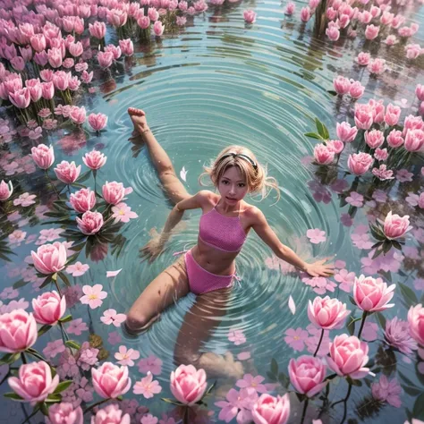 ExtremelyDetailed(ProfessionalPhoto of Girl Floating in the Sky:1.37), 280th floor infinity pool，The tallest building in the urban forest, {Around bonsai|Luo Han Song|coconut palms|tulips|Rose flower}, (Masterpiece 8K TopQuality:1.2), ExtremelyDetailed KAW...