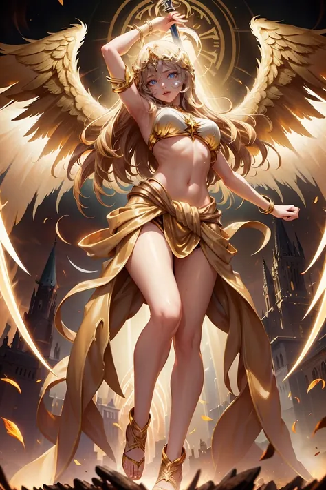 golden angel goddess with wings, blondie hair, perfect hands, golden shine, fictional figure body hands on waist, sexy movement pose, holding a sacred sword with both hands