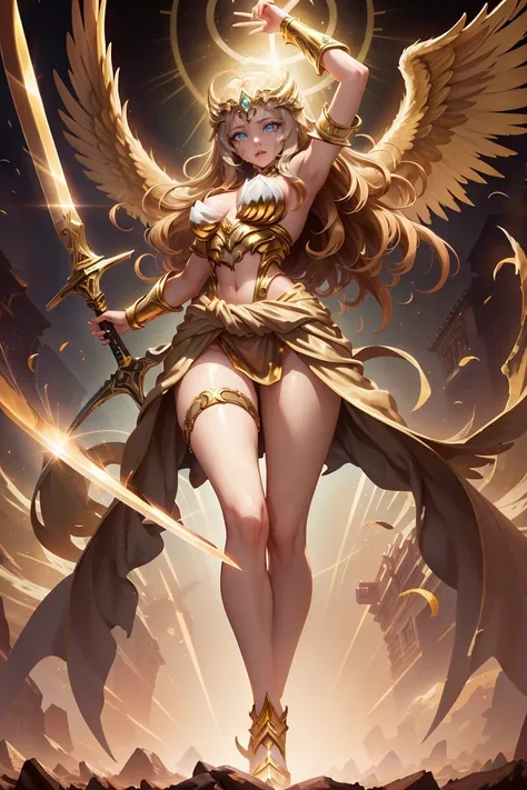 golden angel goddess with wings, blondie hair, perfect hands, golden shine, fictional figure body hands on waist, sexy movement pose, holding a sacred sword with both hands