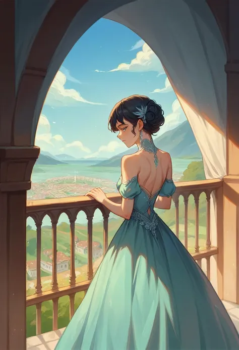 Rhysand with short black hair and Feyre in a light blue glittery dress watching Starfall on the balcony in Valeris 