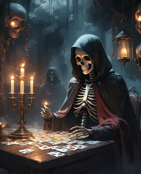 (((Tarot cards scattered in the air)))，Divination，Glowing crystal ball，This picture presents a mysterious and eerie scene。The protagonist in the painting is a skeleton wearing a black cloak，It sits at a table，Holding a lit candle，Smoke all around。Skull hea...