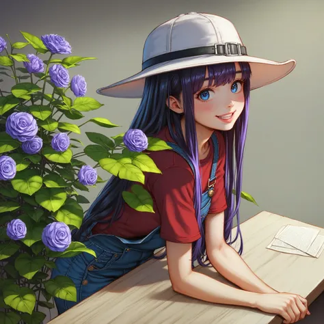 (Tabletop, Highest quality:1.4), (close:1.5) (Face Focus:1.5), One Girl, alone, (European youth:1), Arale, Black Hair、blue eyes, Long Hair, Purple Hair, Short sleeve, Wing Hat, Red Shirt, Blue Overalls, View your viewers, A kind smile, Face Motherhood High...