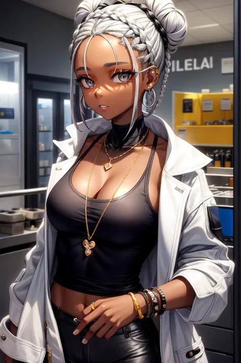 Make a 17-year-old black woman with braided hair tied in two buns with highlights on her face, ela usa piercing, silver earring and a silver heart necklace, is wearing a gold coat and a white tank top underneath 