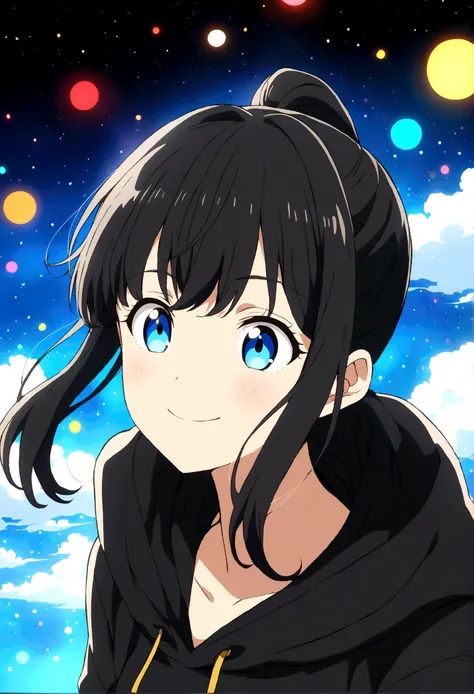 Black Hair、Blue Mesh、ponytail、Black hoodie、Girl、A big smile、Anime Style