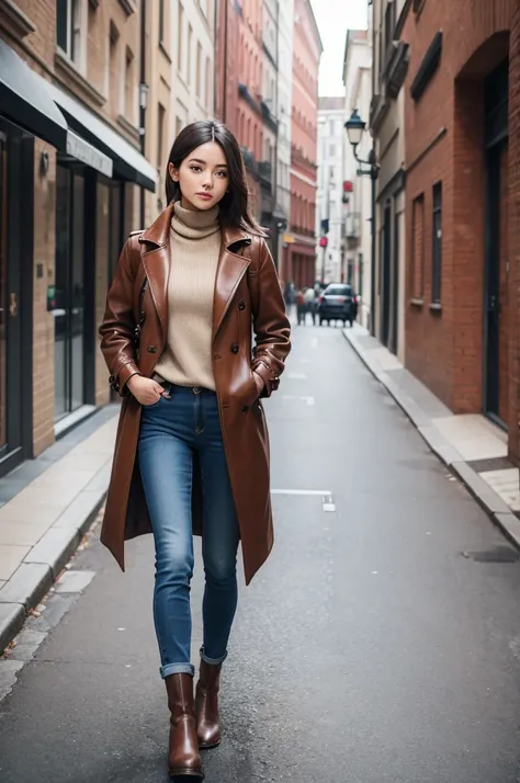 Girl wearing a brown overcoat,  a pair of jeans,  and two leather boots 