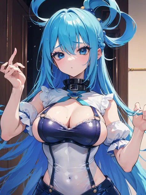 shackles, BDSM, fine, rubber, a corset, overalls, collar, NFV, ((top quality, 8 thousand., masterpiece: 1.3)), Clear Focus: 1.2, 1 girl, Aqua Konosuba, blue hair, Blue eyes,peaceful expression, fox ears, wet body: 1.5, Highly detailed face and skin texture...