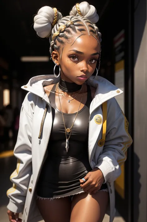 Make a 17-year-old black woman with braided hair tied in two buns with highlights on her face, ela usa piercing, silver earring and a silver heart necklace, is wearing a gold coat and a white tank top underneath 