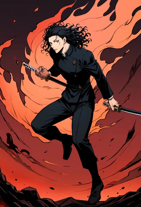 1 boy, red eyes, black hair, jujutsu kaisen character, crimson aura, full body, carrying a katana, wavy hair