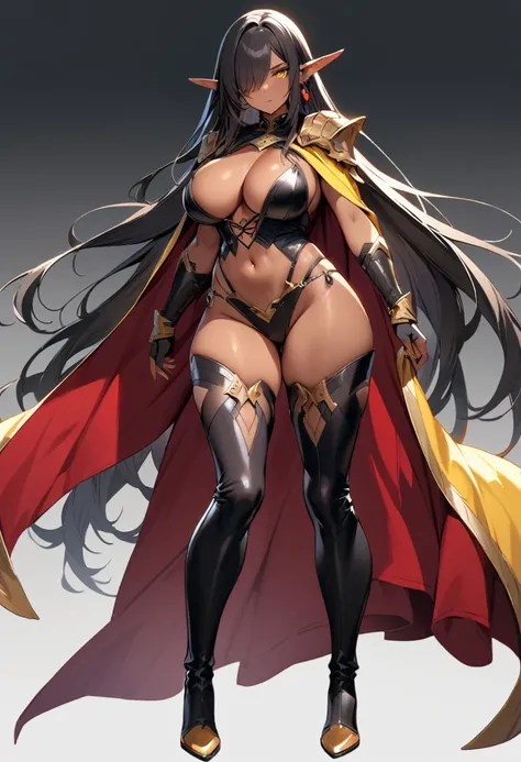 (masterpiece:1.2), (highest quality:1.2), 1girl, solo, pointy-ears, dark-skin, breasts, dark-skinned-female, transparent-background, dark-elf, large-breasts, black-hair, cape, elf, earrings, full-body, jewelry, tattoo, thighhighs, hair-over-one-eye, very-l...