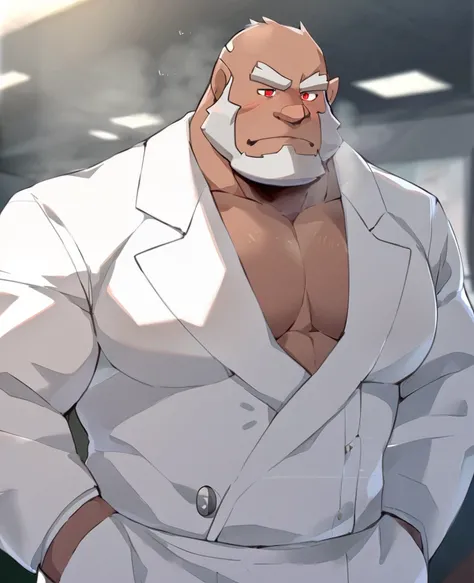 black，personification，Mature male，Hercules，black的头发，naked，Cold expression，Red pupil，Gray eyebrows，White suit suit，Hands in pockets，The Age of Steam，Hospital Office。