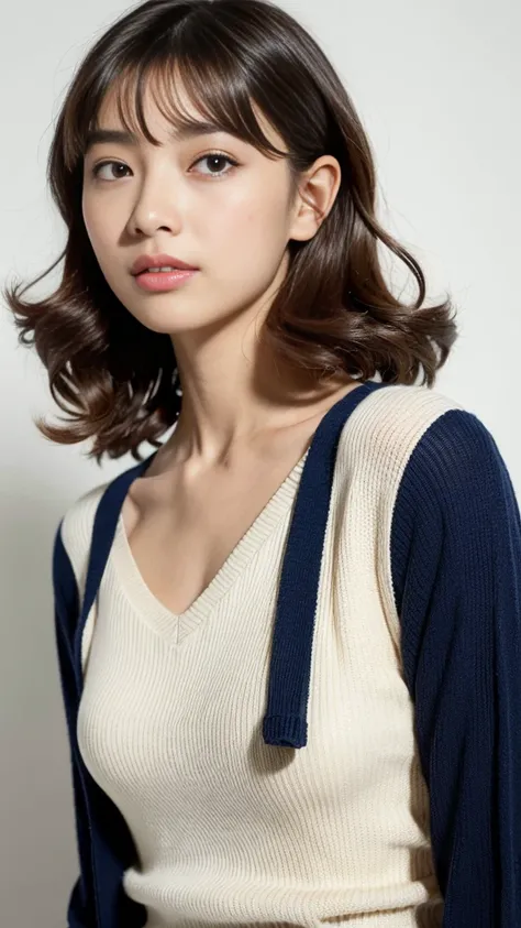 (Highest quality、、32k、masterpiece、Hmph:1.2)、Cute Japanese Women Photos、small 、Small breasts、Light brown hair、Mid-length hair、Blonde、shortcut、Gradient Hair、Curly Hair、Upper body、Face Focus、Navy Blue V-neck Knit、necklace、Simple Background、From above、Looking ...