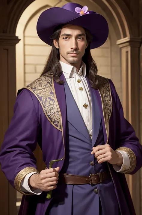 Medieval gentleman holding a purple orchid