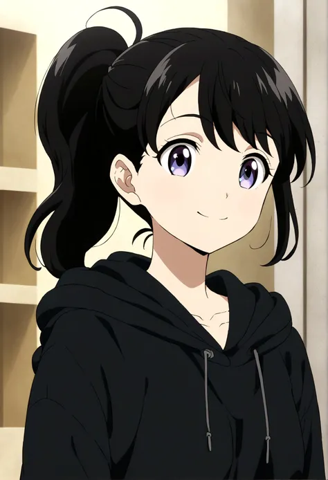 Black Hair、Blue Mesh、ponytail、Black hoodie、Girl、A big smile、Anime Style