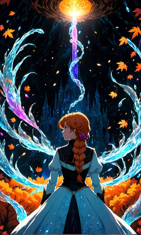 1girl, Anna (frozen), Anna of arendelle, cream jacket, cream pumps, updo, white dress, solo, twin braids, braid, orange hair, upper body, long hair, worm light, solo, disney, (Back View, from behind:1.4), autumn, anime screenshot, source_anime, dramatic co...