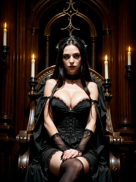 Gothic photo, dark queen, beautiful girl, dark straight hair, queen of the dead, gothic makeup, sexy dress, cleavage, sitting on a throne of skulls and bones, looking at the viewer, gothic atmosphere, gloomy lighting, little light, semi-darkness, gloomy li...