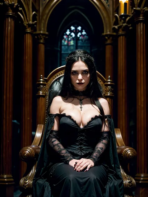 Gothic photo, dark queen, beautiful girl, dark straight hair, queen of the dead, gothic makeup, sexy dress, cleavage, sitting on a throne of skulls and bones, looking at the viewer, gothic atmosphere, gloomy lighting, little light, semi-darkness, gloomy li...